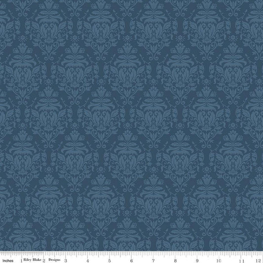 Image of Ambleside Damask Navy quilting cotton fabric by Amanda Niederhauser for Riley Blake Designs. Features flowers on a blue background. Cute Little Fabric Shop