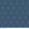 Image of Ambleside Damask Navy quilting cotton fabric by Amanda Niederhauser for Riley Blake Designs. Features flowers on a blue background. Cute Little Fabric Shop