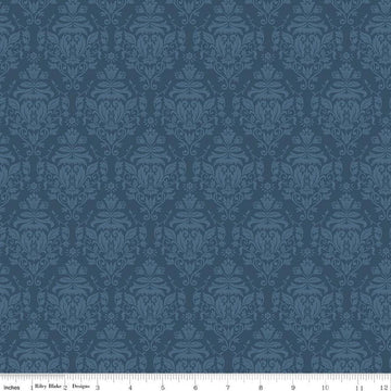 Image of Ambleside Damask Navy quilting cotton fabric by Amanda Niederhauser for Riley Blake Designs. Features flowers on a blue background. Cute Little Fabric Shop