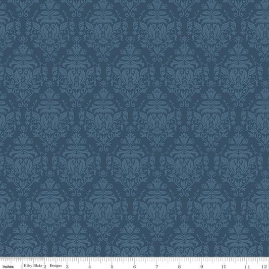 Image of Ambleside Damask Navy quilting cotton fabric by Amanda Niederhauser for Riley Blake Designs. Features flowers on a blue background. Cute Little Fabric Shop