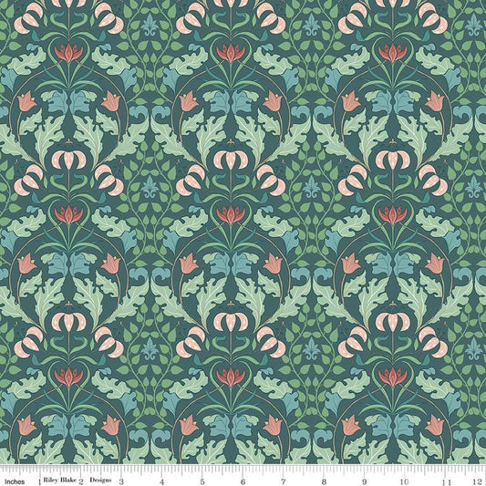 Image of Ambleside Tapestry Teal quilting cotton fabric by Amanda Niederhauser for Riley Blake Designs. Features flowers on a green background. Cute Little Fabric Shop