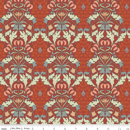 Image of Ambleside Tapestry Adobe quilting cotton fabric by Amanda Niederhauser for Riley Blake Designs. Features flowers on a red background. Cute Little Fabric Shop