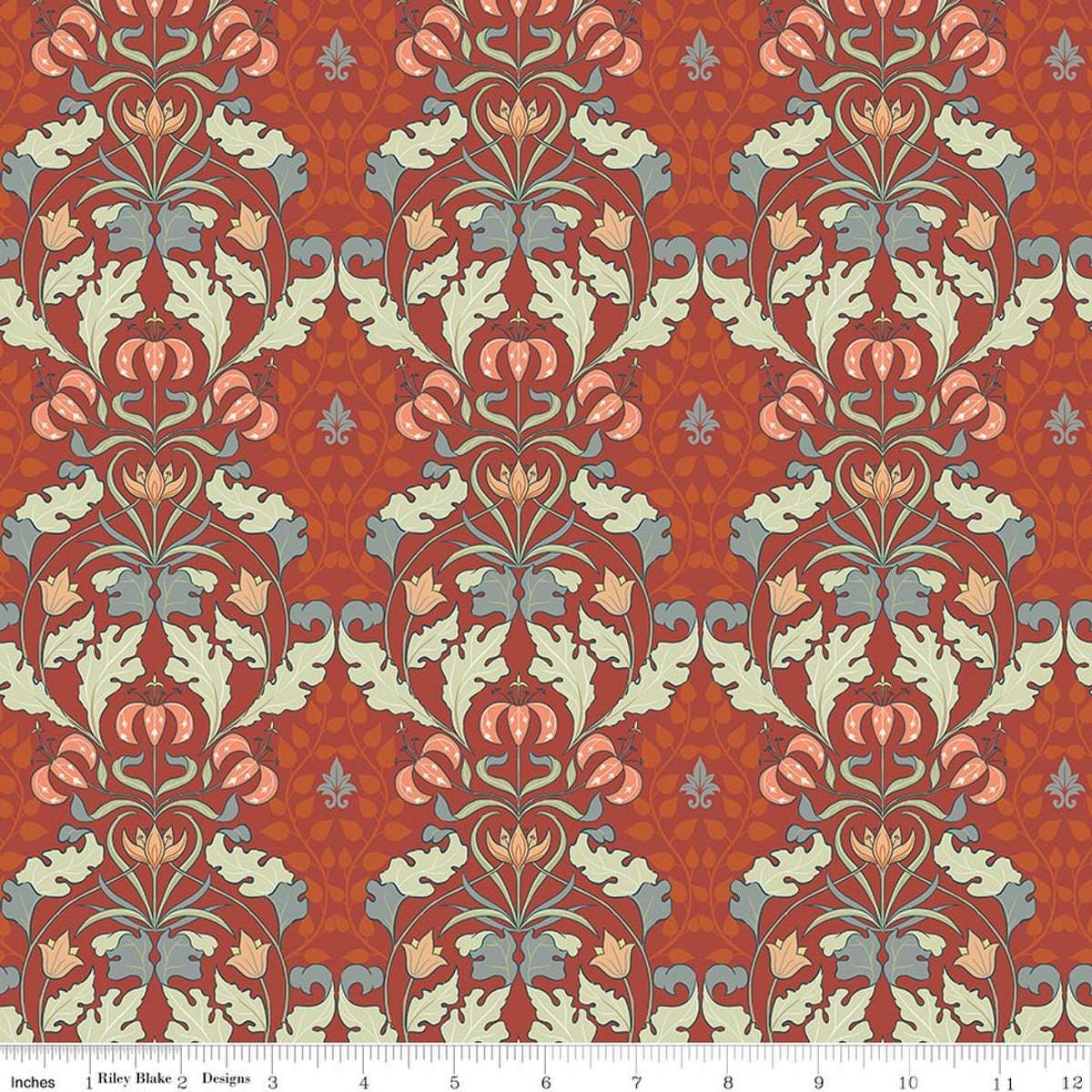 Image of Ambleside Tapestry Adobe quilting cotton fabric by Amanda Niederhauser for Riley Blake Designs. Features flowers on a red background. Cute Little Fabric Shop