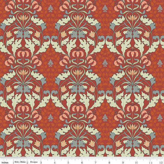 Image of Ambleside Tapestry Adobe quilting cotton fabric by Amanda Niederhauser for Riley Blake Designs. Features flowers on a red background. Cute Little Fabric Shop