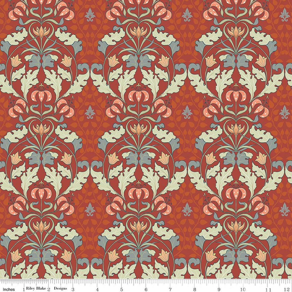 Image of Ambleside Tapestry Adobe quilting cotton fabric by Amanda Niederhauser for Riley Blake Designs. Features flowers on a red background. Cute Little Fabric Shop