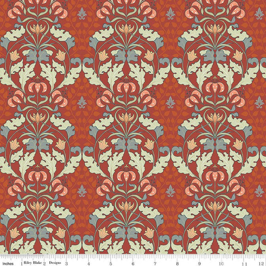 Image of Ambleside Tapestry Adobe quilting cotton fabric by Amanda Niederhauser for Riley Blake Designs. Features flowers on a red background. Cute Little Fabric Shop