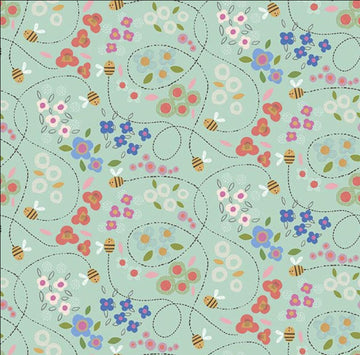 Bee Beary Happy Bees & Floral 31673 Dusty Aqua Q - QT Fabrics - Flowers Blossoms Leaf Leaves - Quilting Cotton Fabric