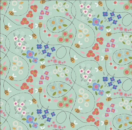 Bee Beary Happy Bees & Floral 31673 Dusty Aqua Q - QT Fabrics - Flowers Blossoms Leaf Leaves - Quilting Cotton Fabric