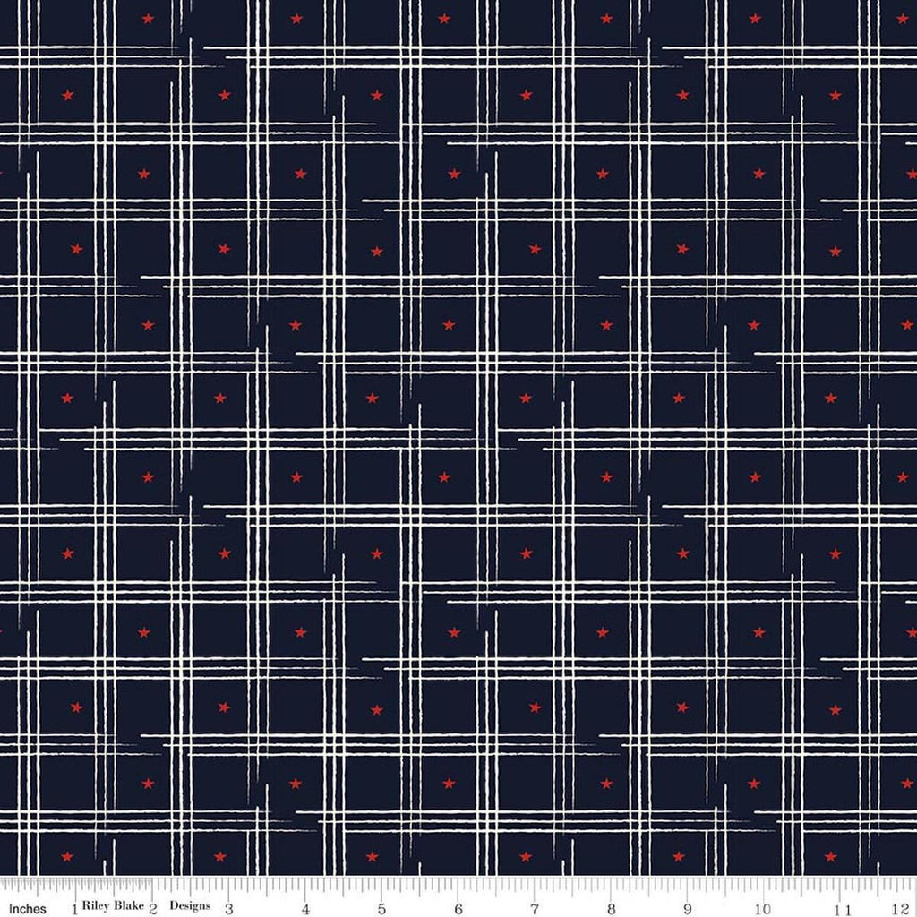 Image of American Honor Plaid Blue quilting cotton fabric by Vicki Gifford for Riley Blake Designs. Features plaid on a blue background. Cute Little Fabric Shop