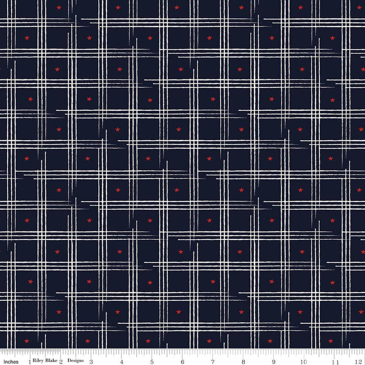 Image of American Honor Plaid Blue quilting cotton fabric by Vicki Gifford for Riley Blake Designs. Features plaid on a blue background. Cute Little Fabric Shop