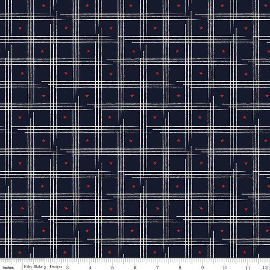 Image of American Honor Plaid Blue quilting cotton fabric by Vicki Gifford for Riley Blake Designs. Features plaid on a blue background. Cute Little Fabric Shop