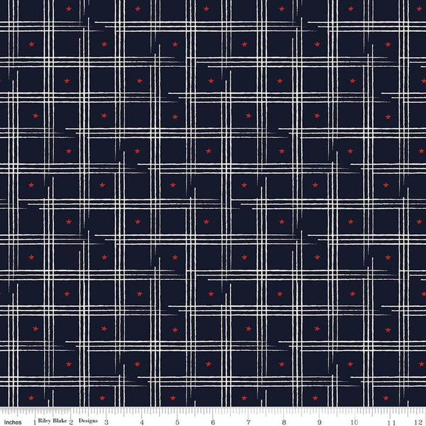 Image of American Honor Plaid Blue quilting cotton fabric by Vicki Gifford for Riley Blake Designs. Features plaid on a blue background. Cute Little Fabric Shop