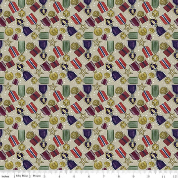 Image of American Honor Medals Khaki quilting cotton fabric by Vicki Gifford for Riley Blake Designs. Features medals on a tan background. Cute Little Fabric Shop