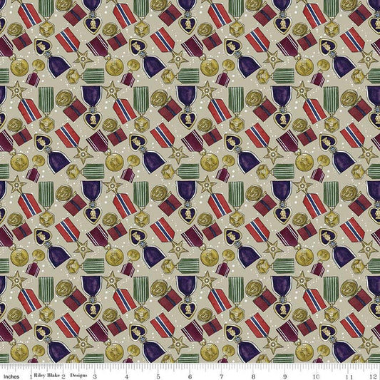 Image of American Honor Medals Khaki quilting cotton fabric by Vicki Gifford for Riley Blake Designs. Features medals on a tan background. Cute Little Fabric Shop