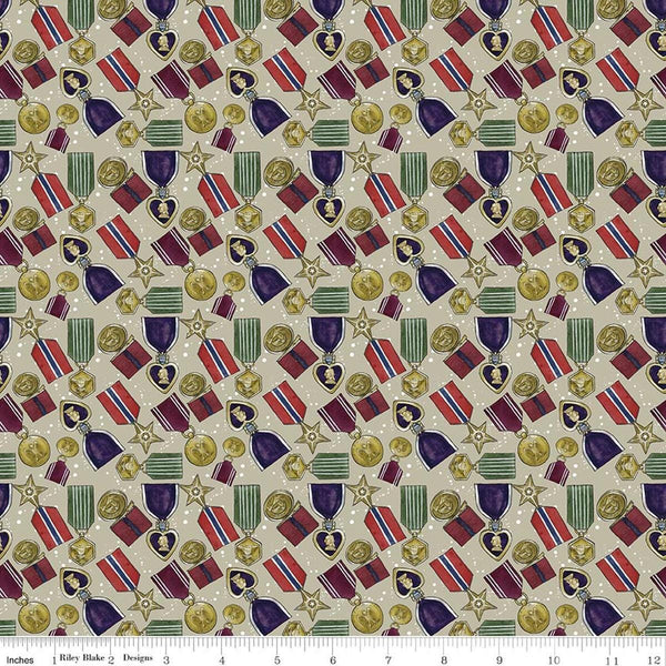 Image of American Honor Medals Khaki quilting cotton fabric by Vicki Gifford for Riley Blake Designs. Features medals on a tan background. Cute Little Fabric Shop