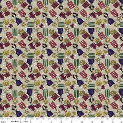 Image of American Honor Medals Khaki quilting cotton fabric by Vicki Gifford for Riley Blake Designs. Features medals on a tan background. Cute Little Fabric Shop