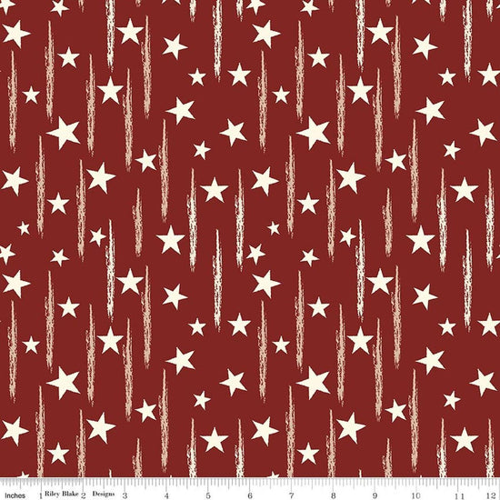 Image of American Honor Stars & Stripes Barn Red quilting cotton fabric by Vicki Gifford for Riley Blake Designs. Features stars on a red background. Cute Little Fabric Shop