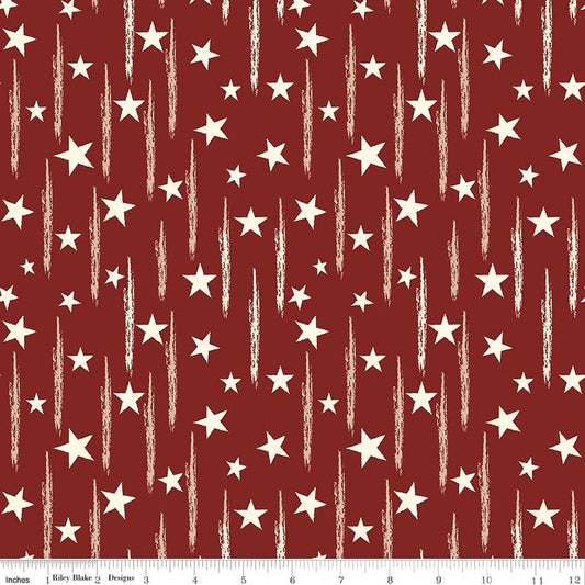 Image of American Honor Stars & Stripes Barn Red quilting cotton fabric by Vicki Gifford for Riley Blake Designs. Features stars on a red background. Cute Little Fabric Shop