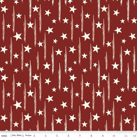 Image of American Honor Stars & Stripes Barn Red quilting cotton fabric by Vicki Gifford for Riley Blake Designs. Features stars on a red background. Cute Little Fabric Shop