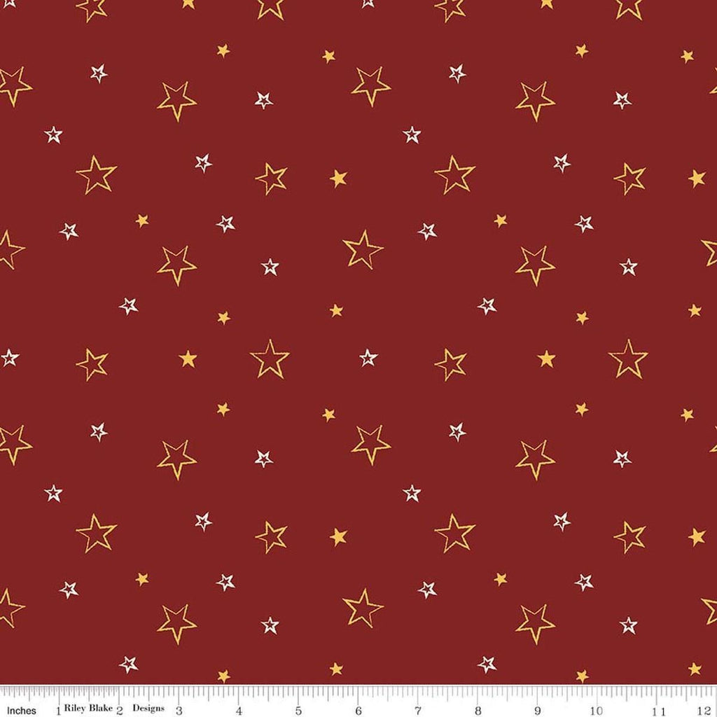 Image of American Honor Stars Barn Red quilting cotton fabric by Vicki Gifford for Riley Blake Designs. Features stars on a red background. Cute Little Fabric Shop