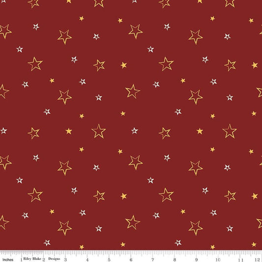 Image of American Honor Stars Barn Red quilting cotton fabric by Vicki Gifford for Riley Blake Designs. Features stars on a red background. Cute Little Fabric Shop