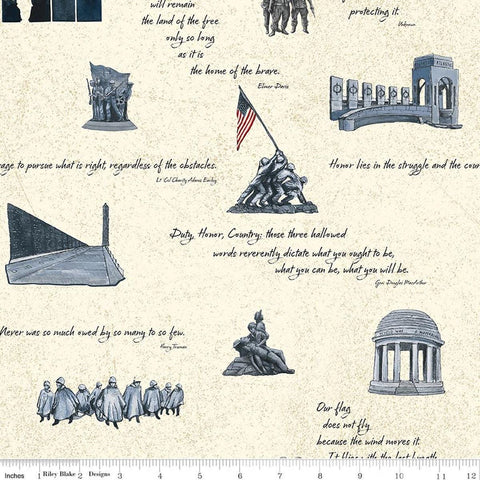 Image of American Honor Monument Cream quilting cotton fabric by Vicki Gifford for Riley Blake Designs. Features buildings on a cream background. Cute Little Fabric Shop