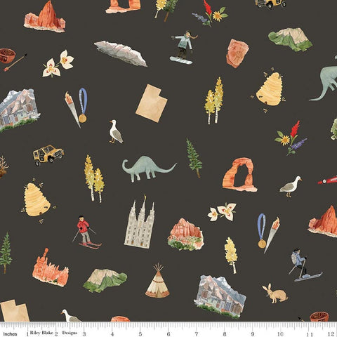 Image of Utah Main Espresso quilting cotton fabric by Kelsey Carlson for Riley Blake Designs. Features state treasures on a brown background. Cute Little Fabric Shop