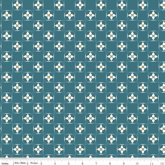 Image of Utah Quilt Squares Blue quilting cotton fabric by Kelsey Carlson for Riley Blake Designs. Features floral blocks on a blue background. Cute Little Fabric Shop