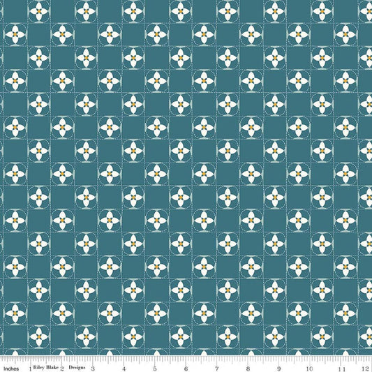 Image of Utah Quilt Squares Blue quilting cotton fabric by Kelsey Carlson for Riley Blake Designs. Features floral blocks on a blue background. Cute Little Fabric Shop