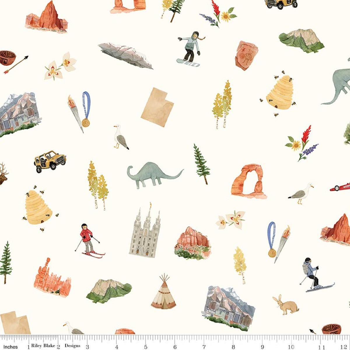 Image of Utah Main Cream quilting cotton fabric by Kelsey Carlson for Riley Blake Designs. Features state treasures on a cream background. Cute Little Fabric Shop