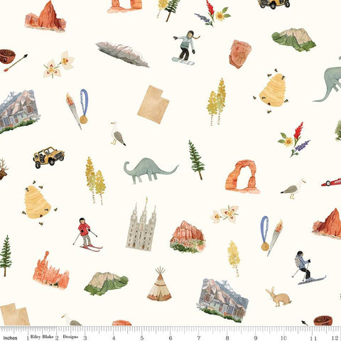 Image of Utah Main Cream quilting cotton fabric by Kelsey Carlson for Riley Blake Designs. Features state treasures on a cream background. Cute Little Fabric Shop