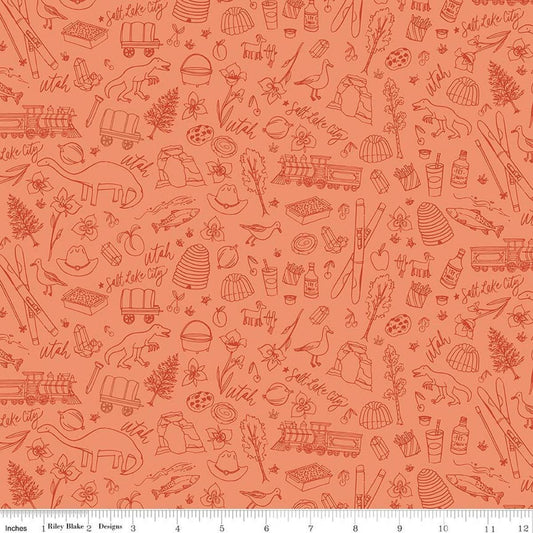 Image of Utah Tonal Orange quilting cotton fabric by Kelsey Carlson for Riley Blake Designs. Features state treasures on an orange background. Cute Little Fabric Shop