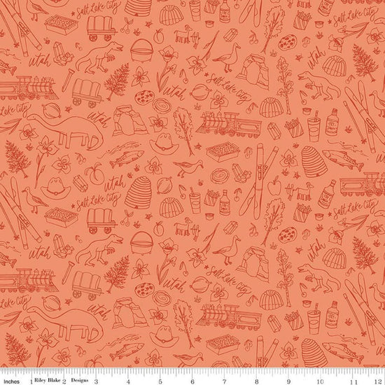 Image of Utah Tonal Orange quilting cotton fabric by Kelsey Carlson for Riley Blake Designs. Features state treasures on an orange background. Cute Little Fabric Shop