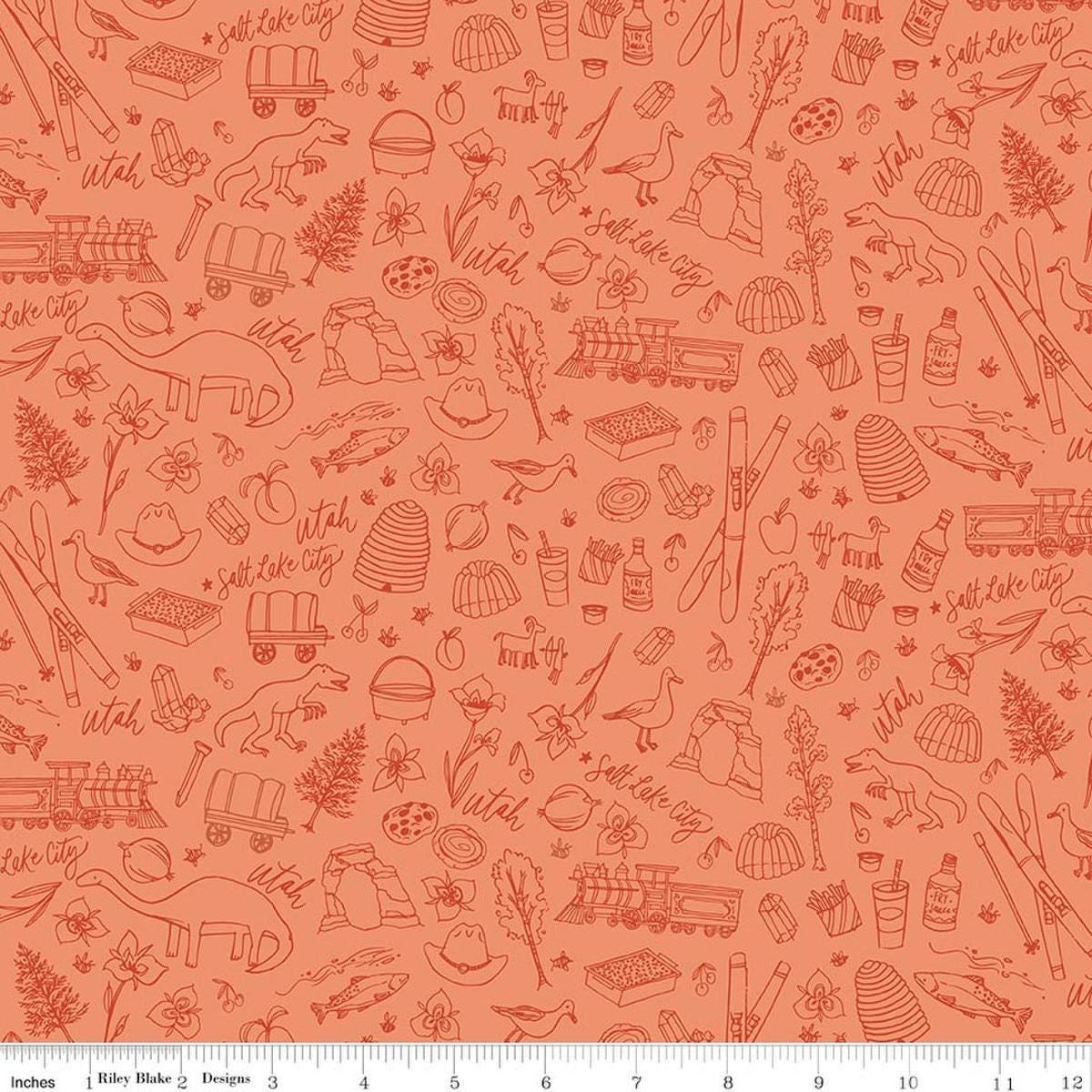 Image of Utah Tonal Orange quilting cotton fabric by Kelsey Carlson for Riley Blake Designs. Features state treasures on an orange background. Cute Little Fabric Shop