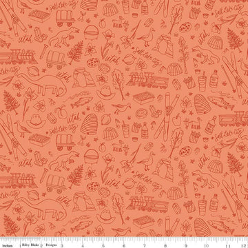 Image of Utah Tonal Orange quilting cotton fabric by Kelsey Carlson for Riley Blake Designs. Features state treasures on an orange background. Cute Little Fabric Shop