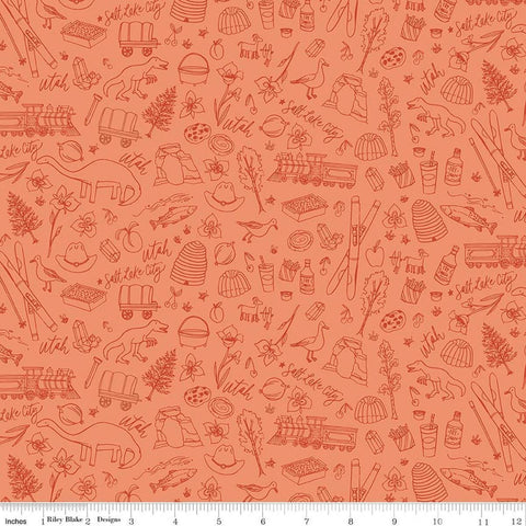 Image of Utah Tonal Orange quilting cotton fabric by Kelsey Carlson for Riley Blake Designs. Features state treasures on an orange background. Cute Little Fabric Shop
