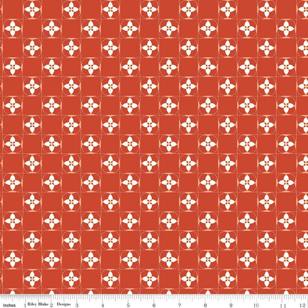 Image of Utah Quilt Squares Orange quilting cotton fabric by Kelsey Carlson for Riley Blake Designs. Features floral blocks on an orange background. Cute Little Fabric Shop