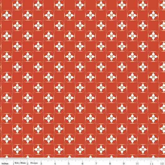 Image of Utah Quilt Squares Orange quilting cotton fabric by Kelsey Carlson for Riley Blake Designs. Features floral blocks on an orange background. Cute Little Fabric Shop
