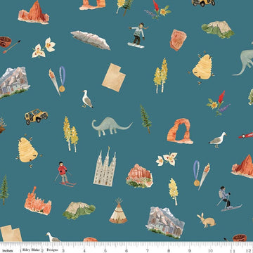 Image of Utah Main Teal quilting cotton fabric by Kelsey Carlson for Riley Blake Designs. Features state treasures on a blue background. Cute Little Fabric Shop