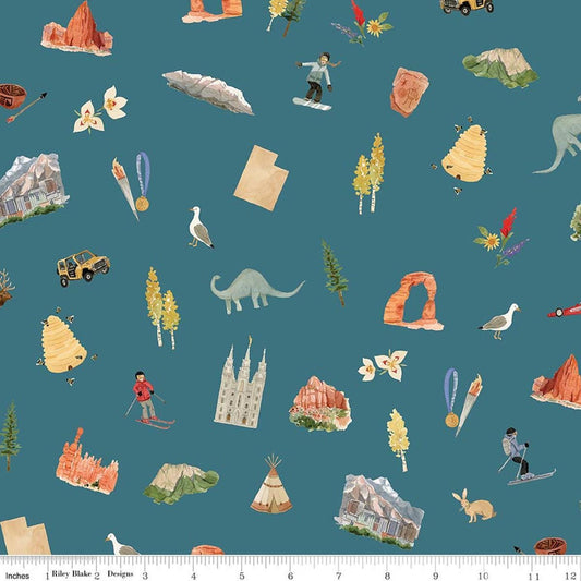 Image of Utah Main Teal quilting cotton fabric by Kelsey Carlson for Riley Blake Designs. Features state treasures on a blue background. Cute Little Fabric Shop