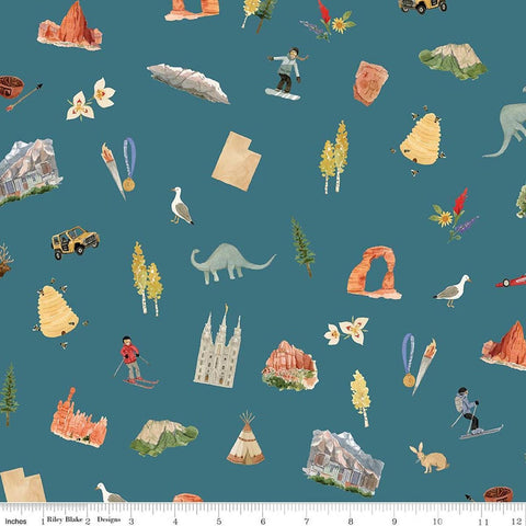 Image of Utah Main Teal quilting cotton fabric by Kelsey Carlson for Riley Blake Designs. Features state treasures on a blue background. Cute Little Fabric Shop