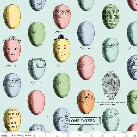 Image of Egg Hunt Egg Study Aqua quilting cotton fabric by J. Wecker Frisch for Riley Blake Designs. Features eggs on a blue background. Cute Little Fabric Shop.