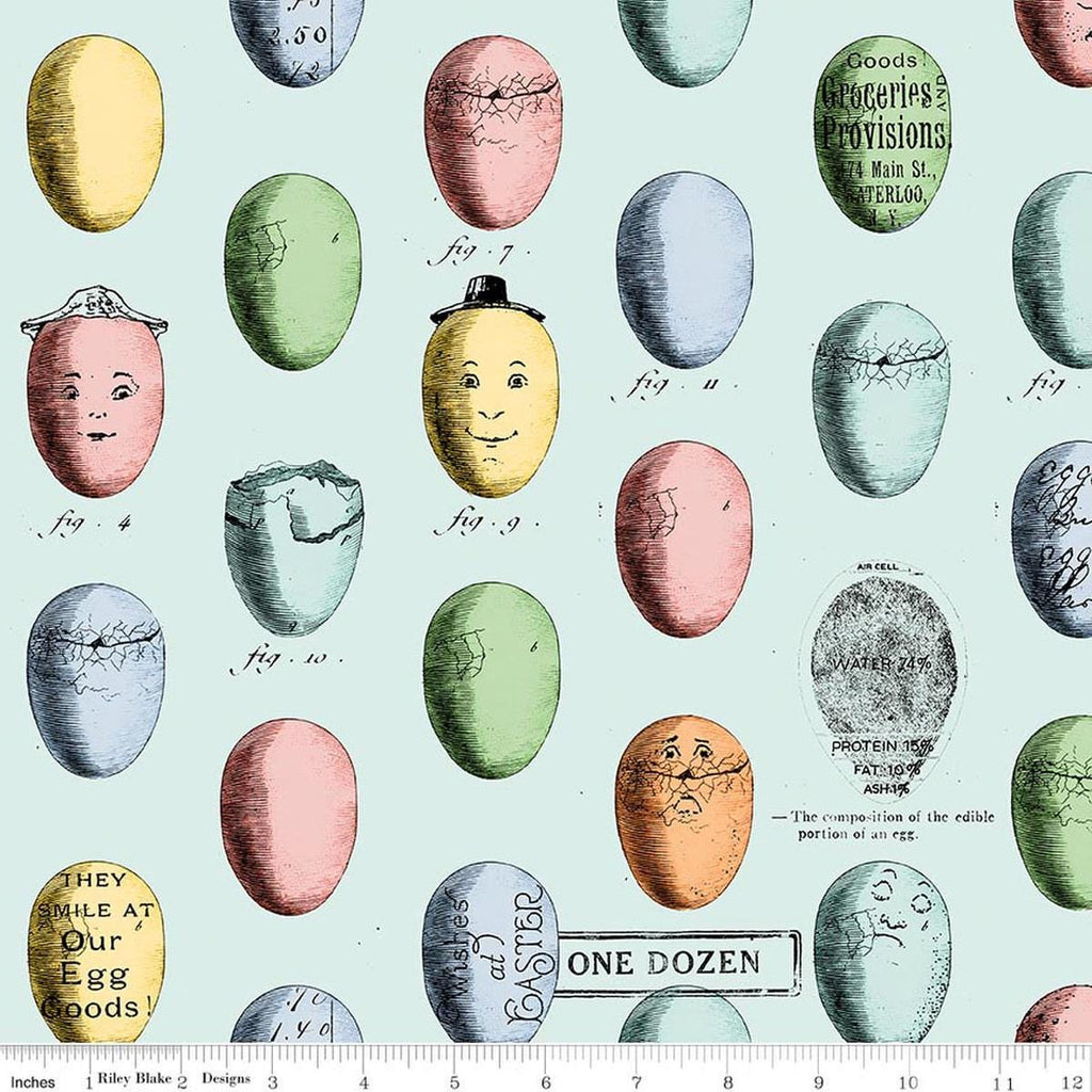 Image of Egg Hunt Egg Study Aqua quilting cotton fabric by J. Wecker Frisch for Riley Blake Designs. Features eggs on a blue background. Cute Little Fabric Shop.