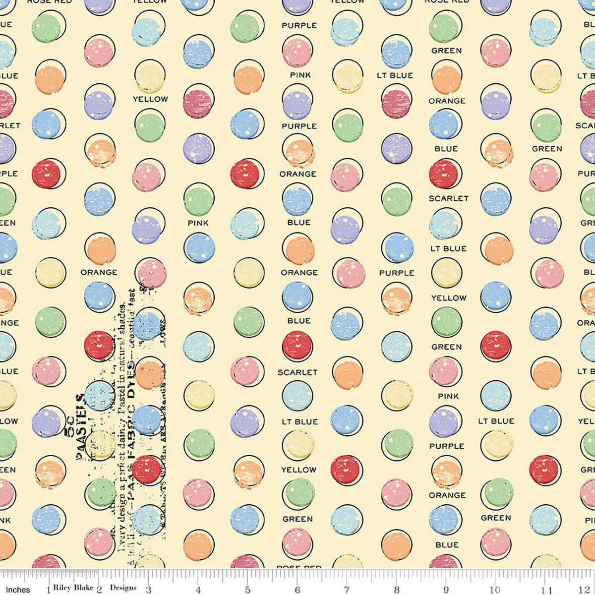 Image of Egg Hunt Egg Dye Dots Yellow quilting cotton fabric by J. Wecker Frisch for Riley Blake Designs. Features dots on a yellow background. Cute Little Fabric Shop.