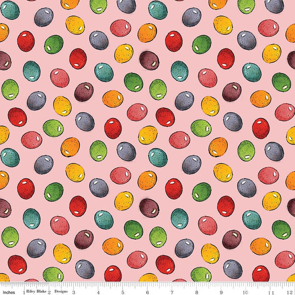 Image of Egg Hunt Jelly Beans Pink quilting cotton fabric by J. Wecker Frisch for Riley Blake Designs. Features beans on a pink background. Cute Little Fabric Shop.