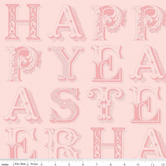 Image of Egg Hunt Happy Easter Blender Pink quilting cotton fabric by J. Wecker Frisch for Riley Blake Designs. Features words on a pink background. Cute Little Fabric Shop.