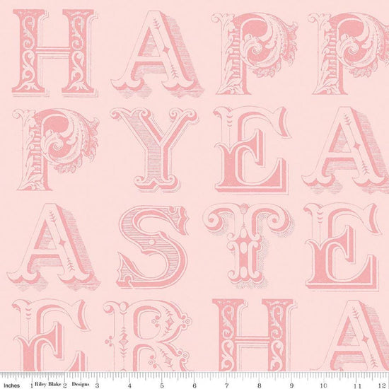 Image of Egg Hunt Happy Easter Blender Pink quilting cotton fabric by J. Wecker Frisch for Riley Blake Designs. Features words on a pink background. Cute Little Fabric Shop.