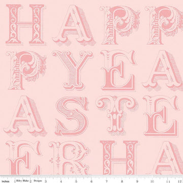 Image of Egg Hunt Happy Easter Blender Pink quilting cotton fabric by J. Wecker Frisch for Riley Blake Designs. Features words on a pink background. Cute Little Fabric Shop.