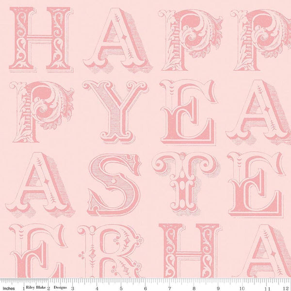 Image of Egg Hunt Happy Easter Blender Pink quilting cotton fabric by J. Wecker Frisch for Riley Blake Designs. Features words on a pink background. Cute Little Fabric Shop.