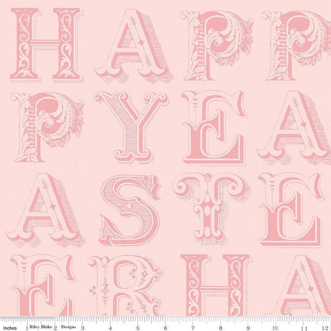 Image of Egg Hunt Happy Easter Blender Pink quilting cotton fabric by J. Wecker Frisch for Riley Blake Designs. Features words on a pink background. Cute Little Fabric Shop.
